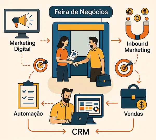 Mapa visual de uma estratégia integrada de marketing para eventos mostrando o fluxo entre marketing digital, participação em feiras, CRM e vendas.